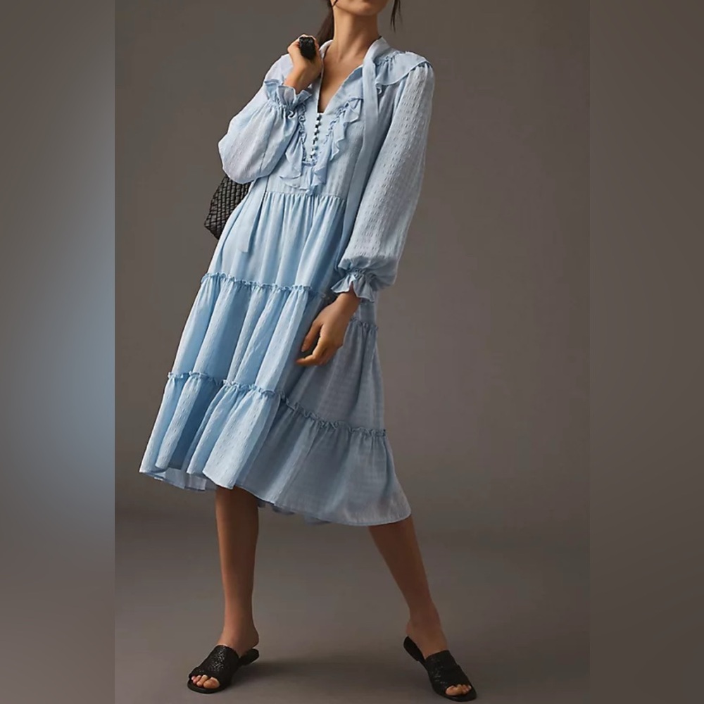Anthropologie Tiered Ruffle Midi Dress Checkered Long Sleeves Bow Light Blue